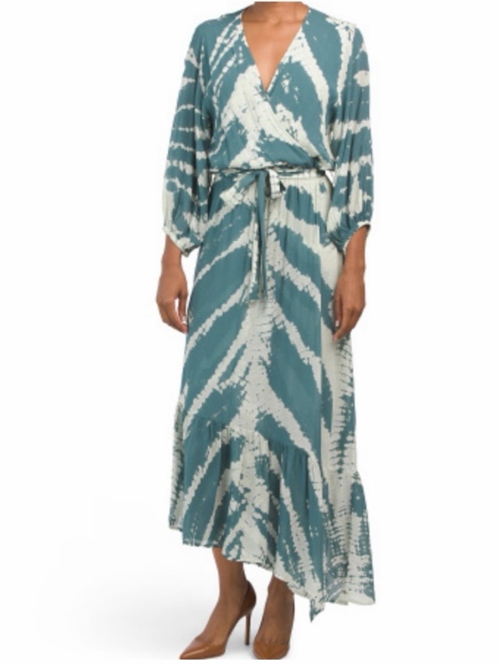 Young Fabulous & Broke Jillian Dusty Teal Tie Dye Faux Wrap Boho Dress Small